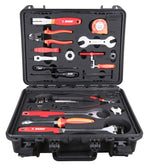 The Unior 34 Piece Bicycle Tool Set comes in a black hard case with organized red and black-handled tools, including wrenches, pliers, screwdrivers, and a tape measure—ideal for bike maintenance.