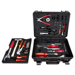 The Unior Hardcase Tool Set includes 43 neatly organized bike tools—pliers, wrenches, screwdrivers, hammer, hex keys, and BMX-specific tools—all in a compact black case for convenient on-the-go repairs.