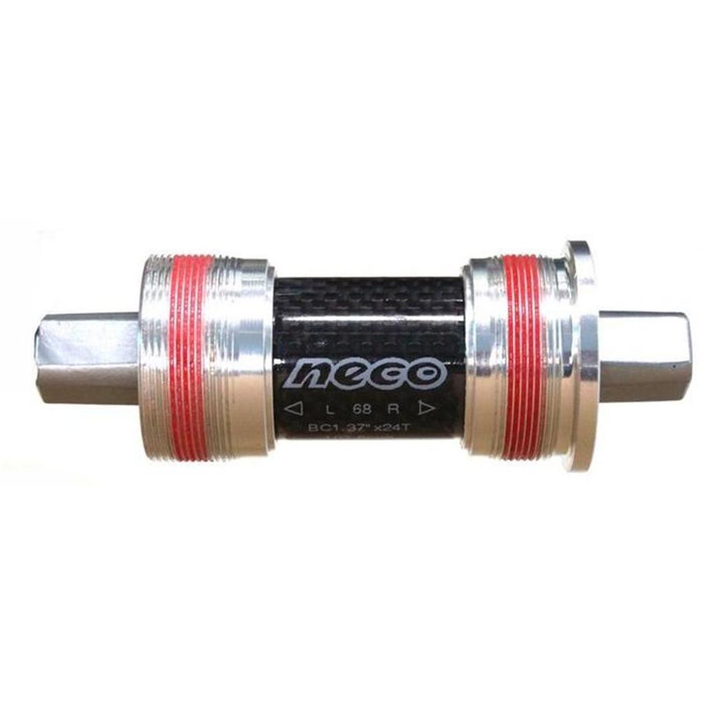 The Neco Square Taper Euro Bottom Bracket (Carbon Shell) features a black carbon shell, red seals, and square tapered spindle ends.