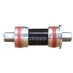 The Neco Square Taper Euro Bottom Bracket (Carbon Shell) features a black carbon shell, red seals, and square tapered spindle ends.