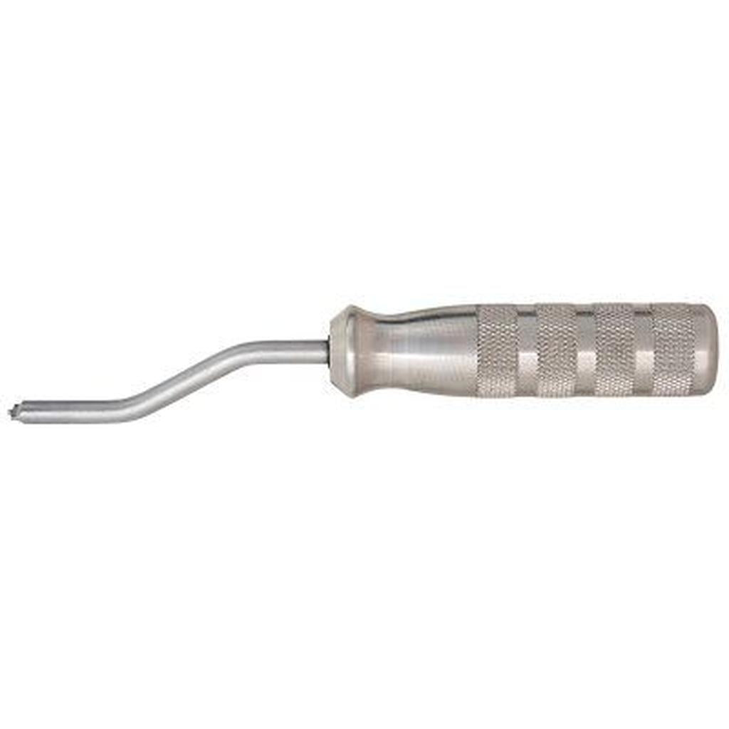 The Unior Quick Nipple Assembly Tool is a metal tool with a textured grip and a curved, pointed end, designed for precision. Ideal for wheelbuilding enthusiasts and other detailed projects.