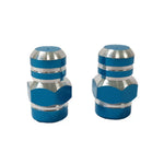 A pair of Alloy Nut Valve Caps, featuring blue and silver tones with hexagonal middle sections, sits side by side on a plain background.