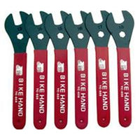 The Cone Spanner Set (6 Pack) features six red-handled wrenches of various sizes, each labeled with a different millimeter measurement and "Bike Hand," perfect for precise bike repairs.