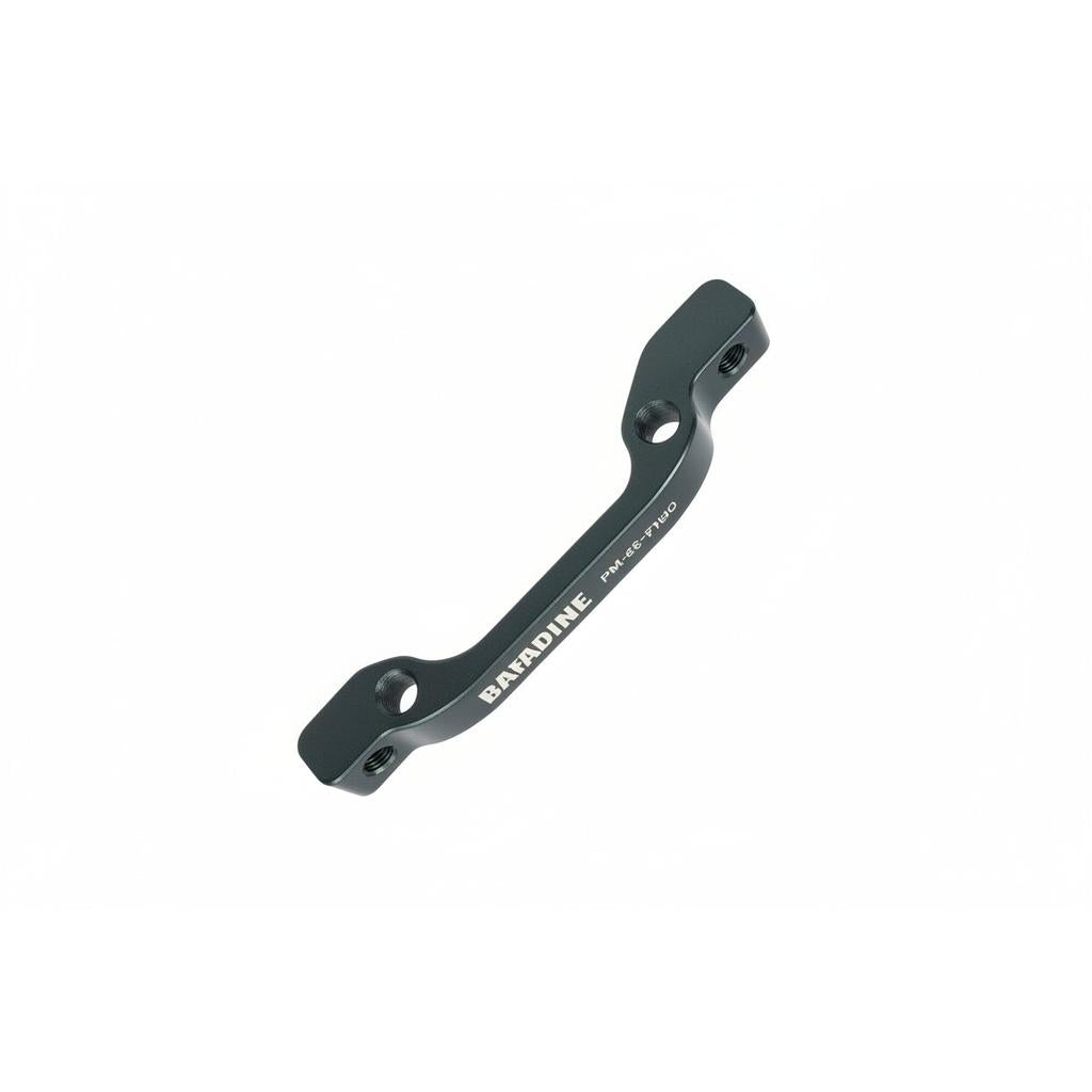 A black Baradine PM for IS Disc Brake Adapter featuring two mounting holes on each end.