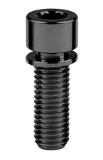 A vertically positioned black titanium M8 Stem Bolt with a cylindrical head and threaded body against a white background.