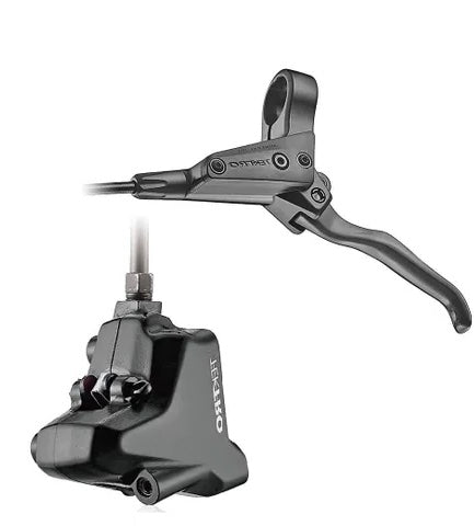 A Tektro HD-M285R LH Flat Mount Disc Brake Kit, finished in black, is displayed against a white background, providing a dependable bike brake system for smooth and efficient stopping power.