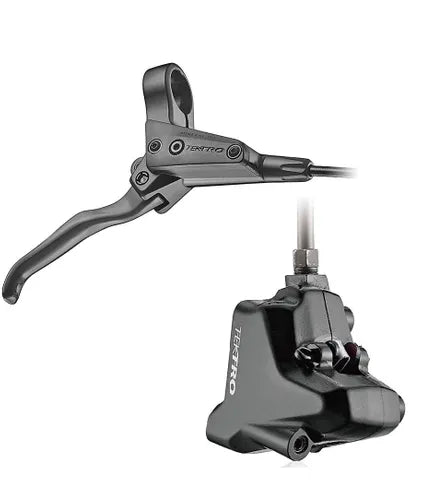 Tektro HD-M285R LH Flat Mount Disc Brake Kit for bicycles, featuring a black hydraulic disc brake lever and caliper connected by a brake hose on a white background—an ideal bike brake kit for reliable stopping power.
