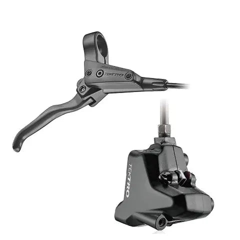Tektro HD-M285R LH Flat Mount Disc Brake Kit for bicycles, featuring a black hydraulic disc brake lever and caliper connected by a brake hose on a white background—an ideal bike brake kit for reliable stopping power.