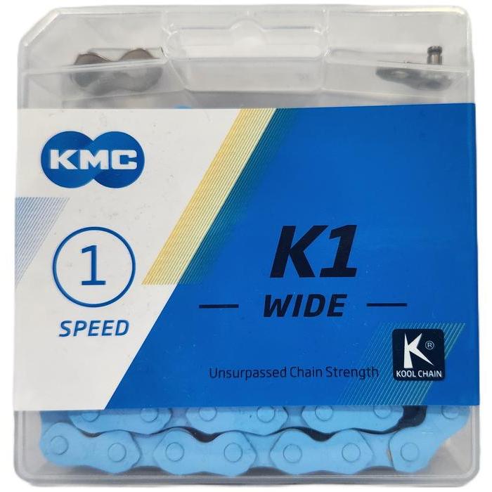 A KMC K1 Chain (Wide) / 112L single speed bike chain in blue, visible inside a clear plastic case.