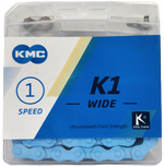 A KMC K1 Chain (Wide) / 112L single speed bike chain in blue, visible inside a clear plastic case.
