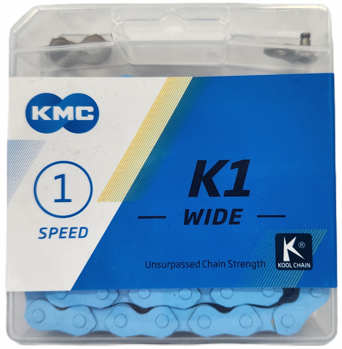 A KMC K1 Chain (Wide) / 112L single speed bike chain in blue, visible inside a clear plastic case.