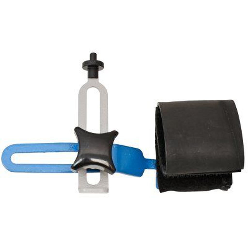 The Unior Pocket Wheel Truing Tool is a blue and black tension tuning key featuring an attached strap and circular metal adjustment knob, perfect for cycling mechanics in need of a versatile tool.
