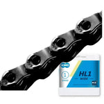 Close-up of a KMC HL1 Wide Half-Link Chain with anti-drop design, shown alongside its packaging that highlights compatibility with all frame geometries.