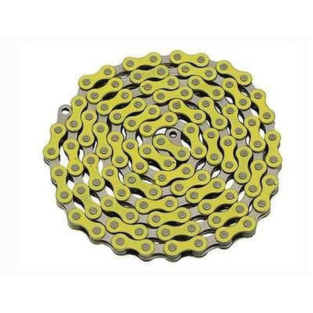 The YBN Freestyle chain 1/2-1/8 is elegantly coiled against a white background, showcasing its yellow links with black pins and silver inner links, accented by colored outer plates. Proudly crafted by YBN Chains, this single speed bicycle chain is notable for its vibrant design and reliable performance.