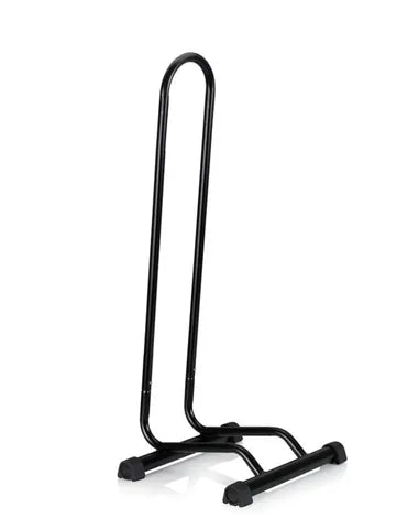 The Oversized Display Stand is a black metal wheel holder with a vertical loop design and rubberized feet, built to keep your bike upright.