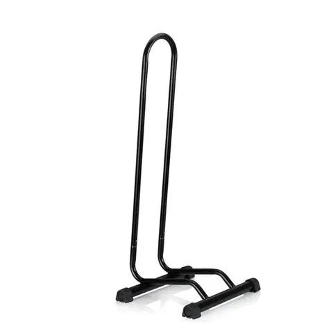 The Oversized Display Stand is a black metal wheel holder with a vertical loop design and rubberized feet, built to keep your bike upright.