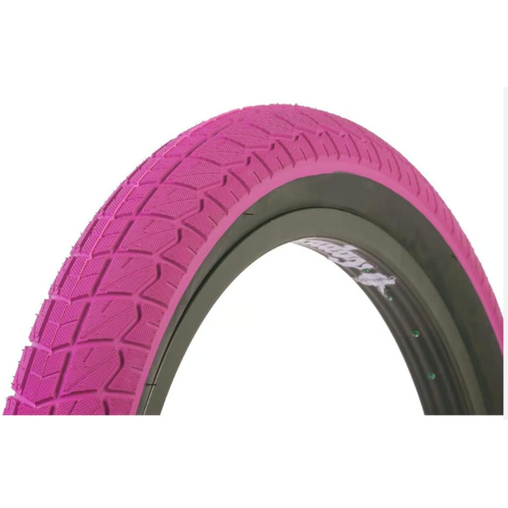A close-up of the Duro 20 Inch Tyre featuring a pink tread and black rim against a white background—ideal for style-conscious riders seeking affordable tyres.