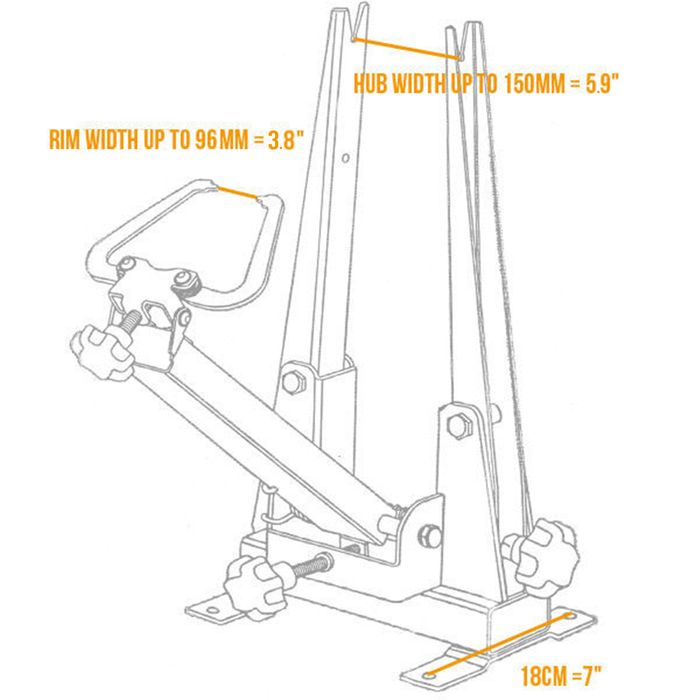 The Wheel Truing Stand (16-29 Inch) is made from heavy gauge steel and features adjustable calipers for precise alignment. It handles hub widths up to 150mm, rim widths up to 96mm, and has a base width of 18cm.