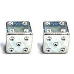 A pair of Dice Valve Caps, each displaying five dots on their silver tops, sit side by side against a white background, resembling sleek dice.