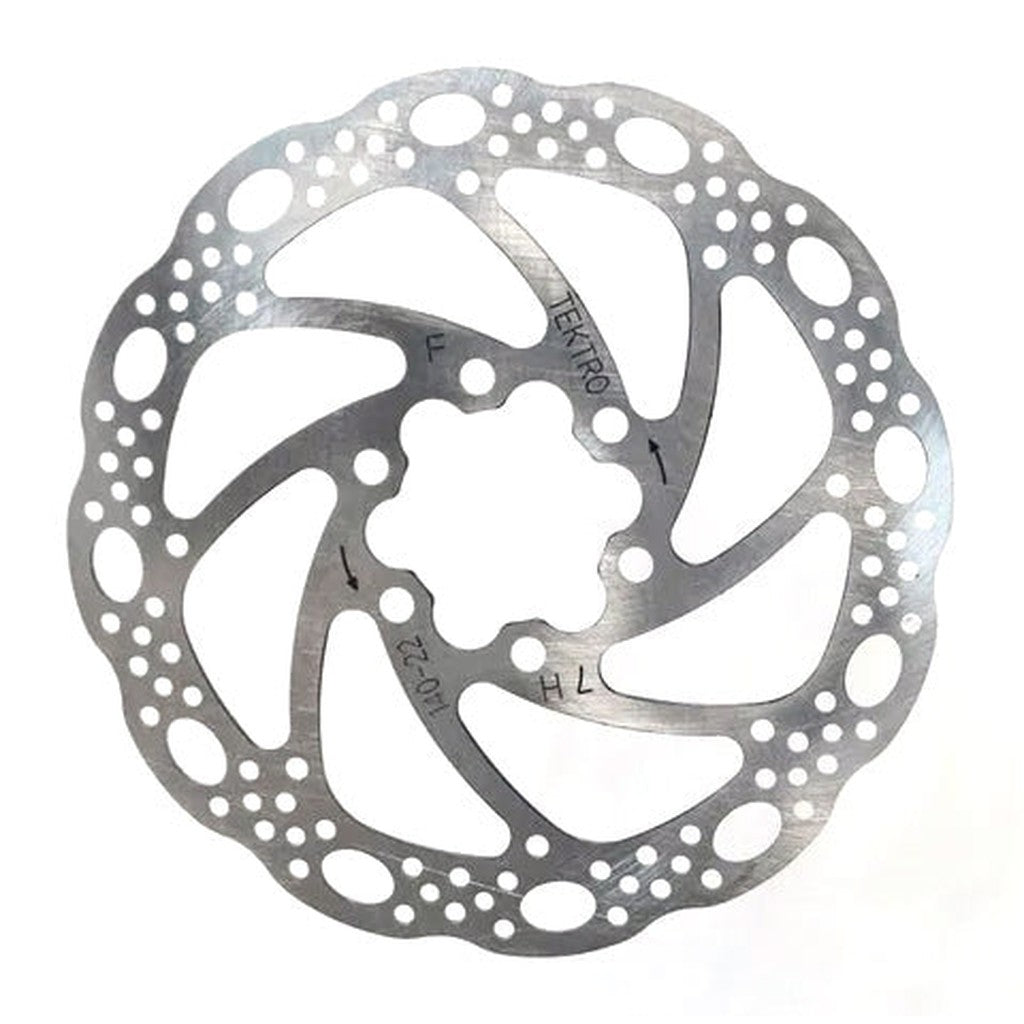 A Tektro 6 Bolt ISO Disc Brake Rotor, a circular metal object with holes, is essential for optimal braking performance.