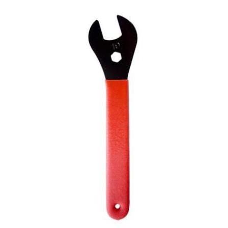 The Cone Spanner 19mm is a black metal wrench with a red handle, flat head, center hole, and 19mm size—ideal as a bike tool.