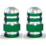 Two Alloy Nut Valve Caps with grooved designs, featuring a green and silver cylindrical appearance, are positioned side by side.