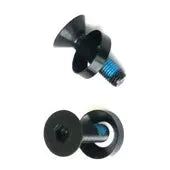 The Defiant Crank Spindle Bolt Kit includes two black, metal, flat-head screws—one side-view and one top-view—both featuring blue threadlocker on the threads.