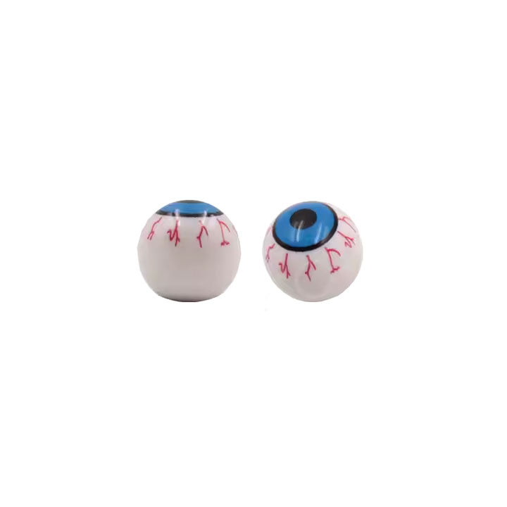 A pair of Eye Valve Caps featuring artificial blue irises, red veins, and metallic spokes like car valves, displayed on a white background.