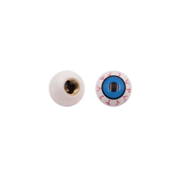 Two Eye Valve Caps (Pair) are shown: one displays a blue iris with red veins, while the other shows a metallic back designed to resemble a Schrader valve, similar to those used in bike accessories.
