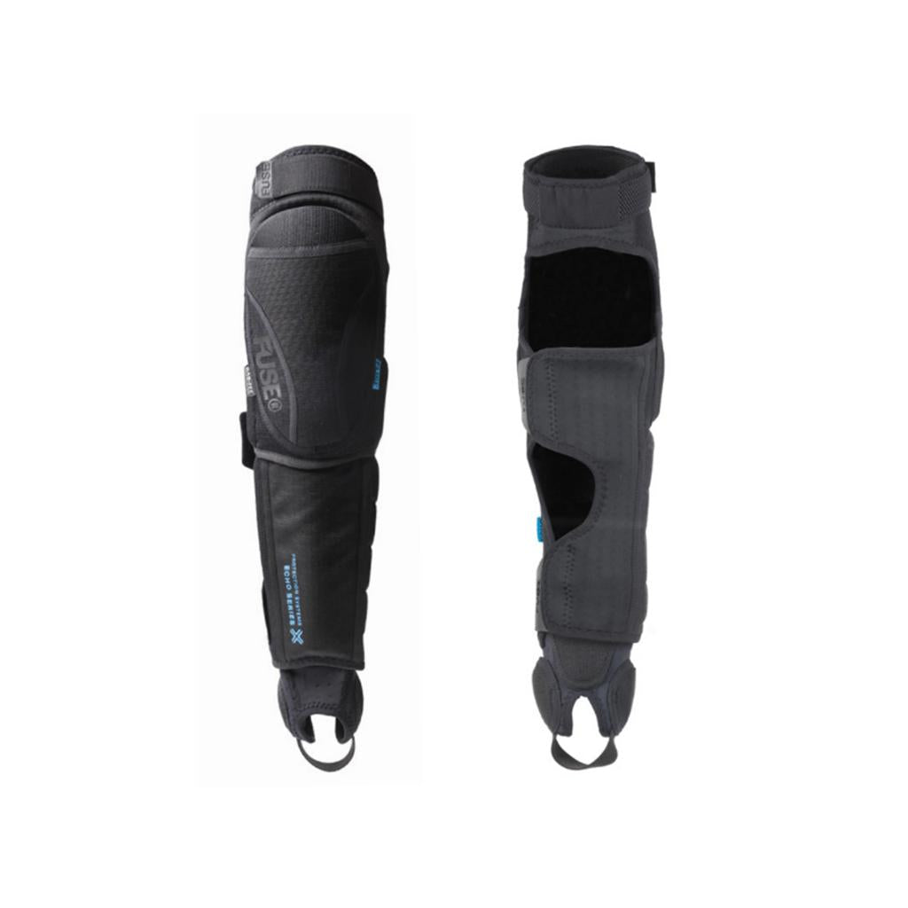 The Fuse Echo 125 Knee/Shin/Ankle Combo Pads (Pair) are black and grey padded guards with open sections, adjustable straps, and foot loops, shown front and back, designed for athletic use and enhanced impact absorption.