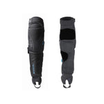 The Fuse Echo 125 Knee/Shin/Ankle Combo Pads (Pair) are black and grey padded guards with open sections, adjustable straps, and foot loops, shown front and back, designed for athletic use and enhanced impact absorption.