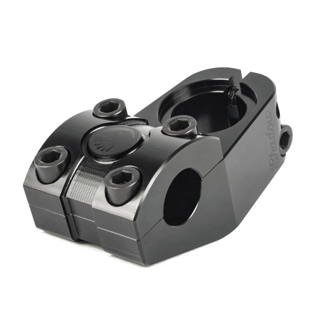 The Shadow Finest Top Load Stem is a black CNC-machined 6061-T6 alloy BMX stem with four front bolts and side openings for secure handlebar and fork attachment.