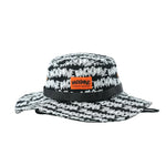 The Backbone AO Boonie is a black bucket hat featuring white graffiti-style "BACKVINE" lettering and an orange rectangular front patch—ideal for Backbone BMX fans who want standout style.