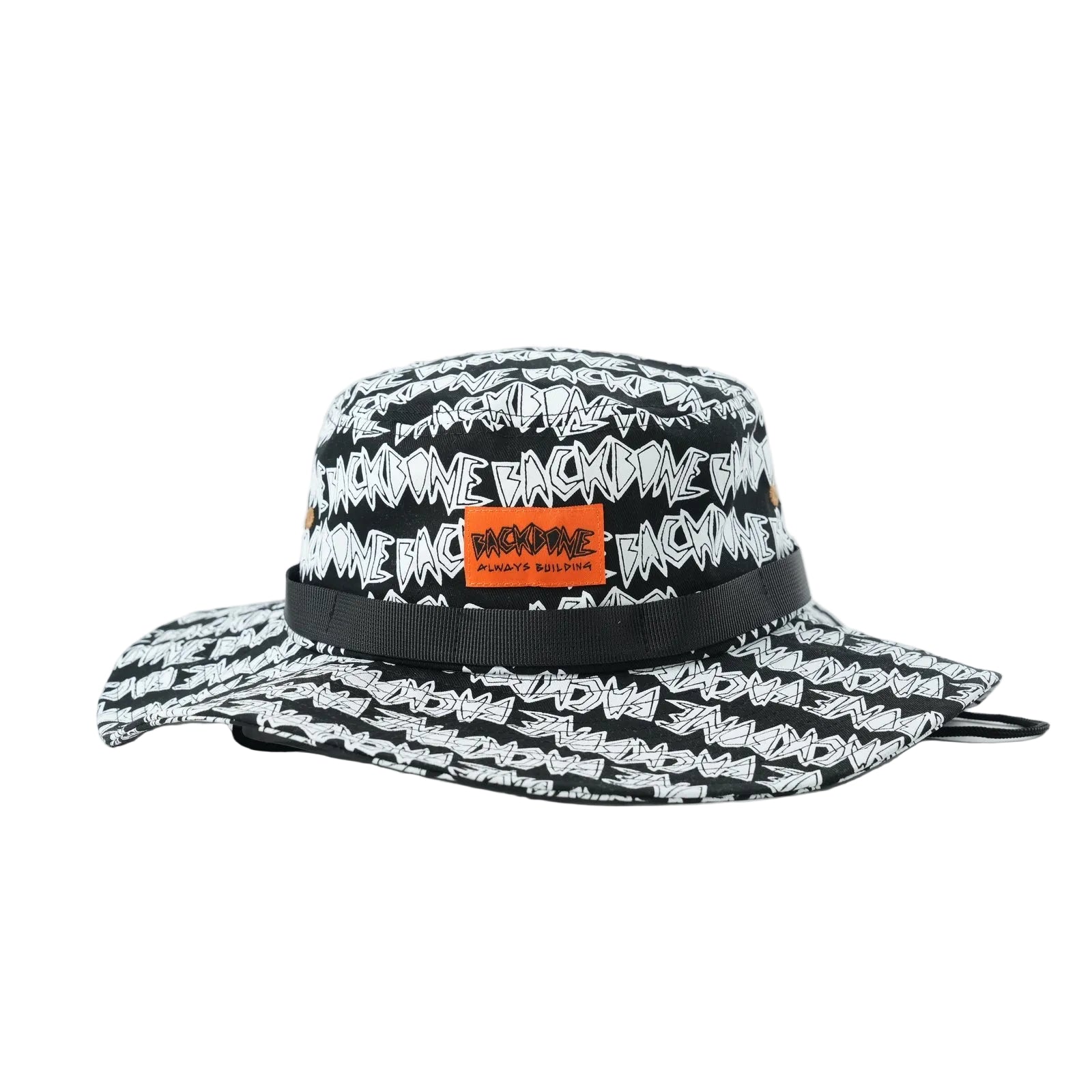 The Backbone AO Boonie is a black bucket hat featuring white graffiti-style "BACKVINE" lettering and an orange rectangular front patch—ideal for Backbone BMX fans who want standout style.