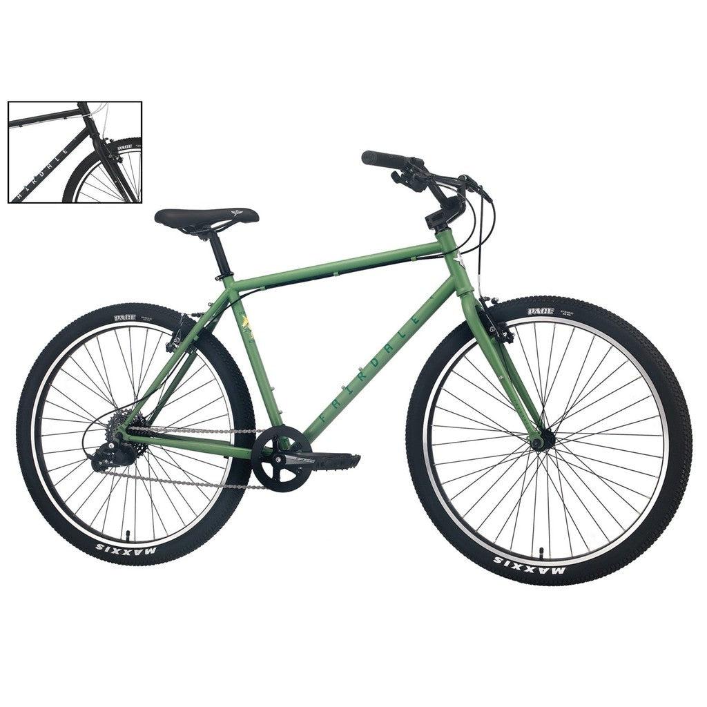 A green single-speed Fairdale Ridgemont 27.5 Inch Bike (2023) with a black saddle and black handlebars. The bike, featuring thick tires, is shown from the side. An inset image highlights a close-up of the bike's frame.