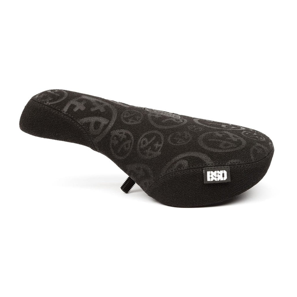 A BSD Acid Flashback Pivotal Seat with a black design on it, featuring Kevlar construction for added durability.
