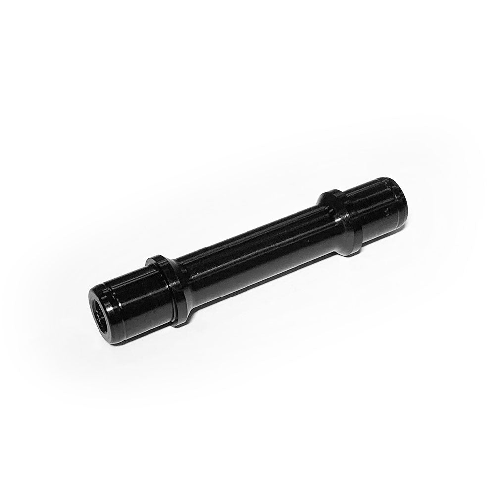 A black cylindrical Fly Bikes Magneto Female Front Axle Cromo with wider segments near each end, made from chromoly, stands isolated on a white background.