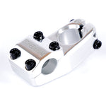 The Federal Element V2 Top Load Stem boasts a sleek silver design made from cold-forged aluminum and features black bolts. With a 50mm reach, this handlebar stem combines style and durability for your ride.