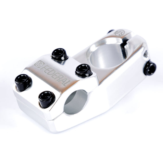 The Federal Element V2 Top Load Stem boasts a sleek silver design made from cold-forged aluminum and features black bolts. With a 50mm reach, this handlebar stem combines style and durability for your ride.