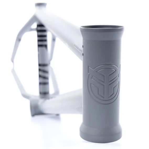 The Federal Bruno ICS2 Frame, a matte gray 4130 Chromoly BMX frame with a geometric logo embossed on the head tube, is shown from a low front angle against a white background.