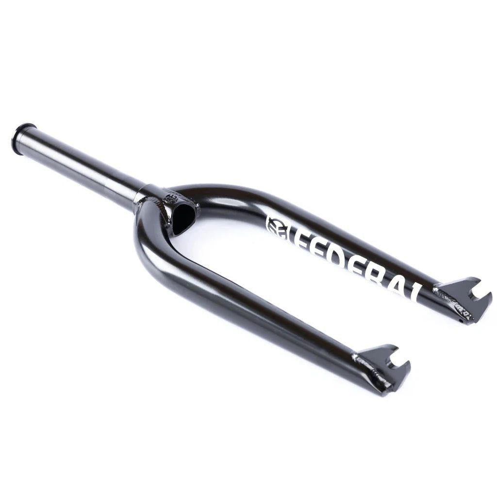 A black Federal Assault 22 Forks Chromoly bike fork with a white logo on it.