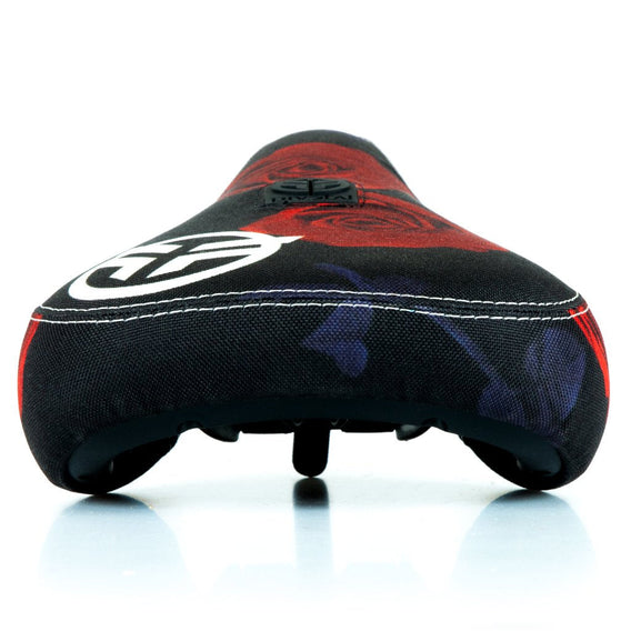 A Federal Mid Pivotal Roses Seat with a black and red design, featuring a roses print and geometric shapes, viewed from the front angle. The durable cover ensures longevity.