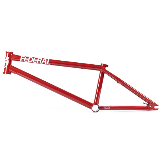 A red Federal Team ICS2 Frame made from 4130 Chromoly tubing is shown side-on against a white background, highlighting the top tube branding—perfect for technical street riding.