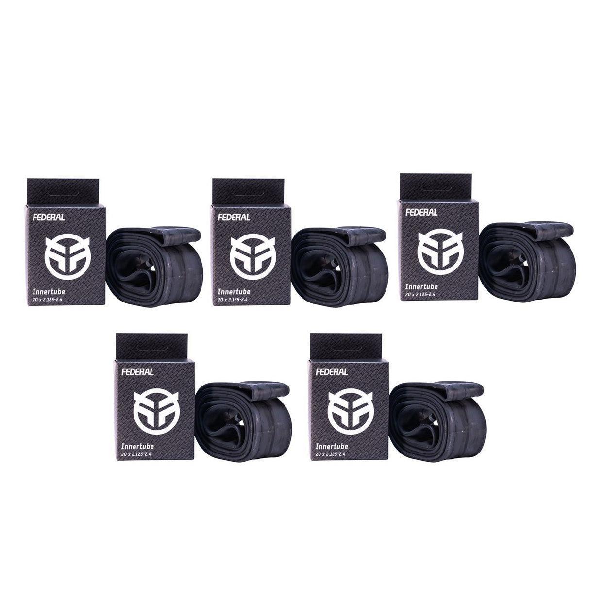 Five rolled Federal Innertube (5 Pack) bicycle inner tubes are lined up in front of their branded boxes on a white background—ideal for 20 inch tires and crafted from high quality rubber.