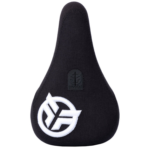The Federal Mid Pivotal Logo Seat is black with a textured, durable cover, showcasing a white geometric logo and a small anchor emblem near the center for added style and reduced weight.