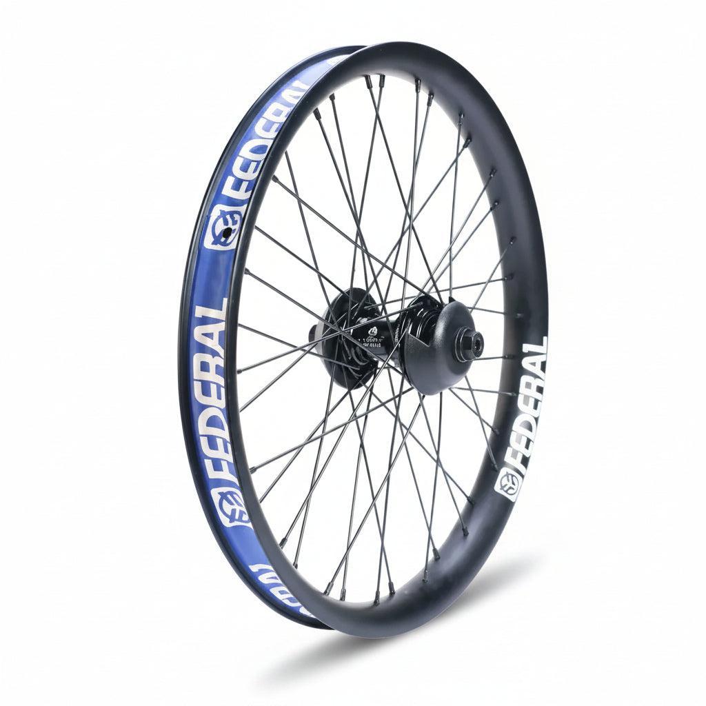 The Federal X Eclat FM Shift Hybrid Custom Wheel features a black BMX hub with black spokes and a blue Federal Aero rim branded "FEDERAL" in white, shown on a white background.