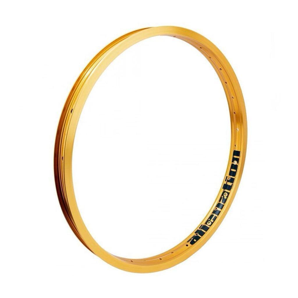 The Alienation TCS Felon Rim is a gold, 20" circular Street Tubeless rim with advanced 4D drilling, small edge holes, and a black and white label for a standout look.