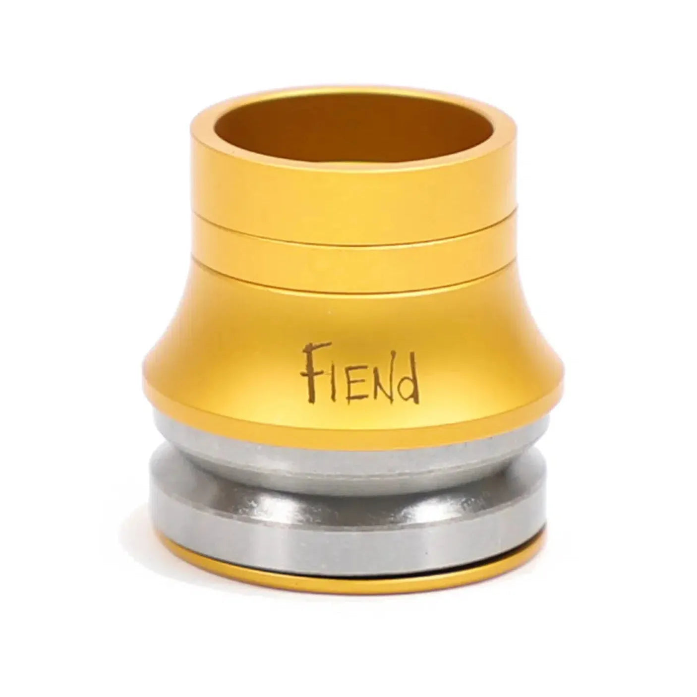 A gold and silver cylindrical object with the word "FIEND" on it, likely a Fiend Headset, featuring precision sealed cartridge bearings for optimal performance.