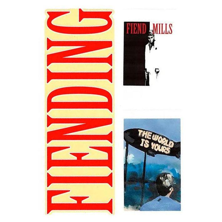 Collage with "FIENDING" and "FIEND MILLS" text, showing a person in white and another image featuring a black sign stating "THE WORLD IS YOURS," using the Fiend Mills Frame Sticker Pack.