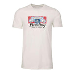 A Fiend Shirt King of Bikes (Vintage White) unisex T-shirt featuring an illustration of a person with sunglasses and a helmet set against a red and blue background, with the text "Bending King of Bikes" printed below.